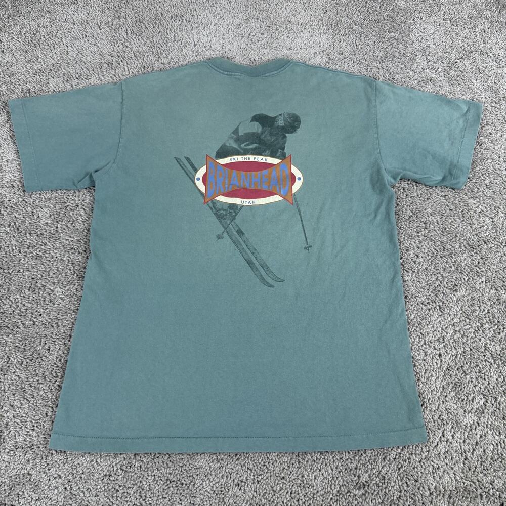 Vintage Skiing Shirt Mens L Brainhead Utah Green Ski Resort Graphic Made USA 90s